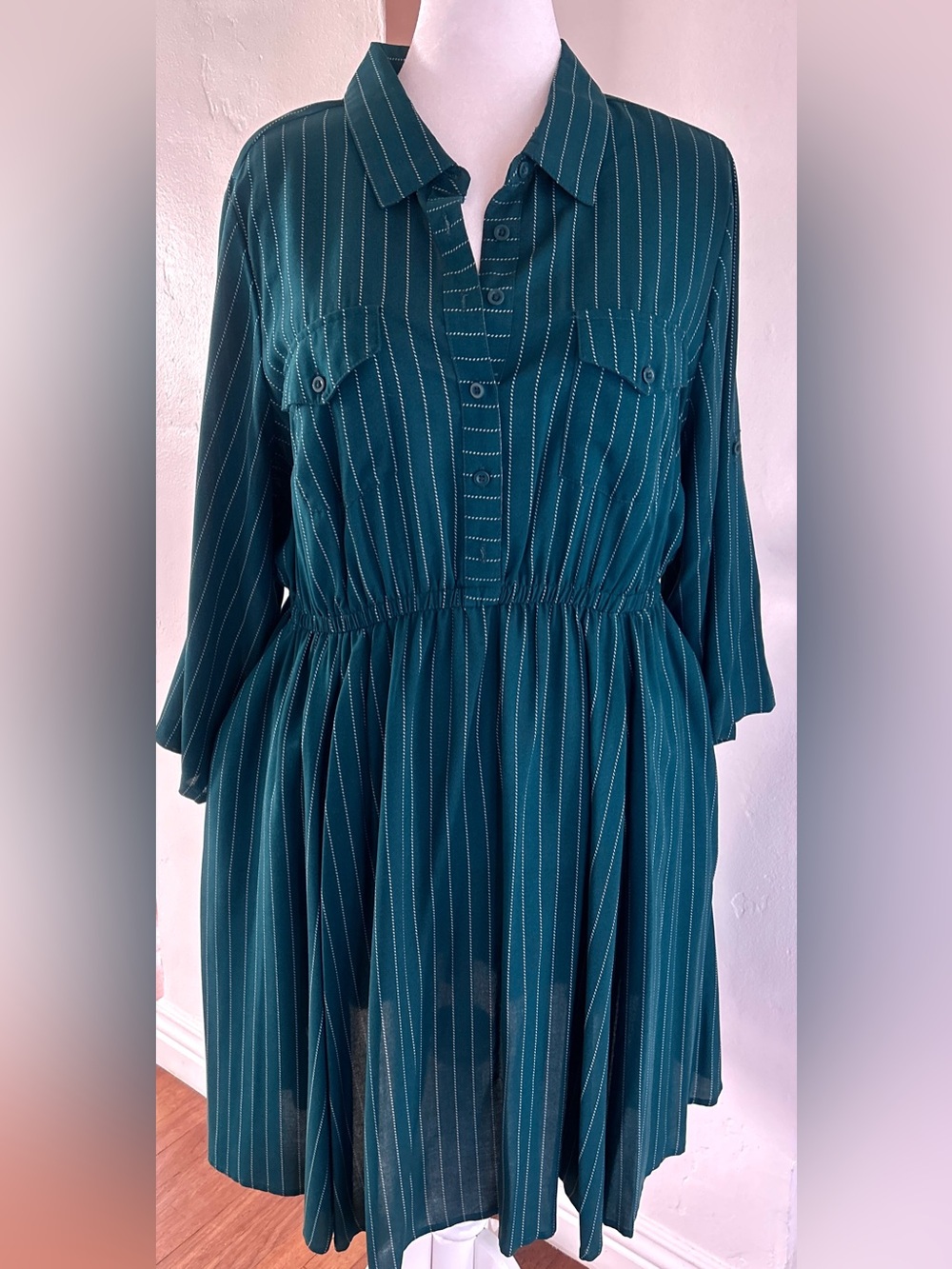 Torrid Mini Emerald Green Pinstripe Shirt Dress with Pockets Size 2